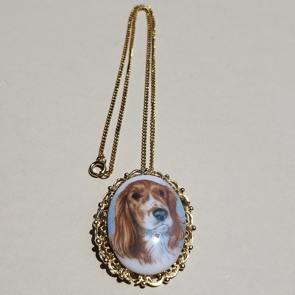 Vintage Dog Portrait Pendant Necklace Gold Spaniel Brooch Victorian Style
